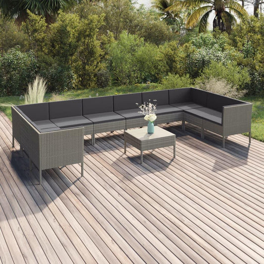 11-tlg. Garten-Lounge-Set mit Auflagen Poly Rattan Grau - Pazzar.ch