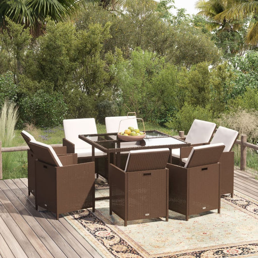 9-tlg. Garten-Essgruppe mit Kissen Poly Rattan Braun - Pazzar.ch