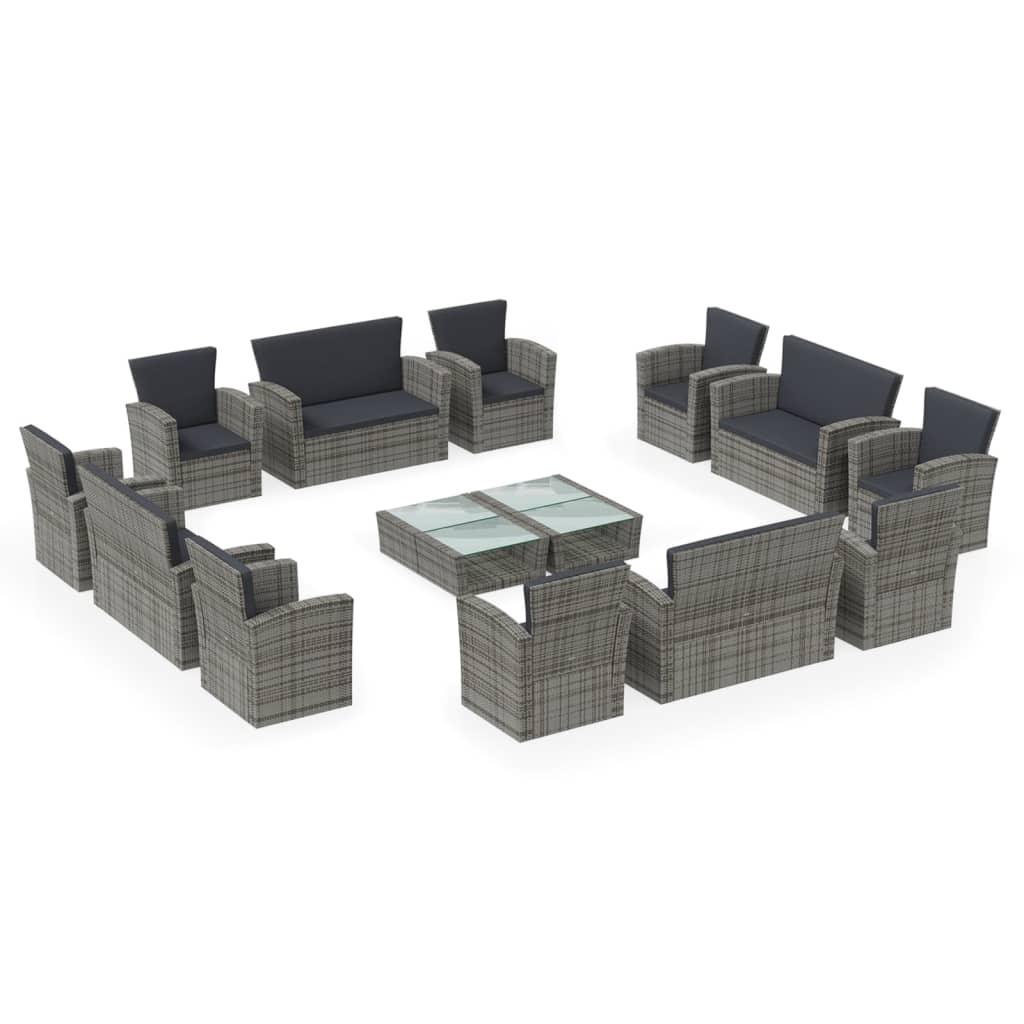 16-tlg. Garten-Lounge-Set mit Kissen Poly-Rattan Grau