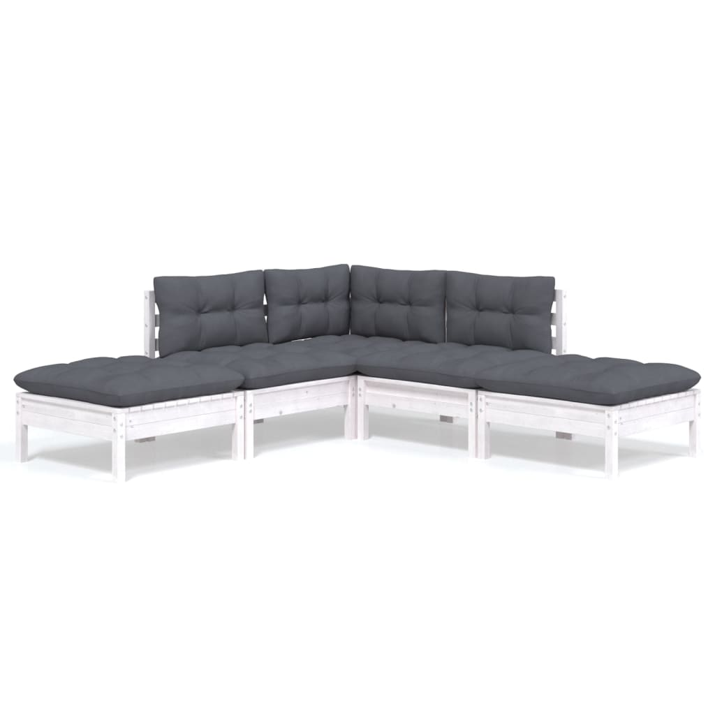5-tlg. Garten-Lounge-Set mit Kissen Weiß Kiefernholz
