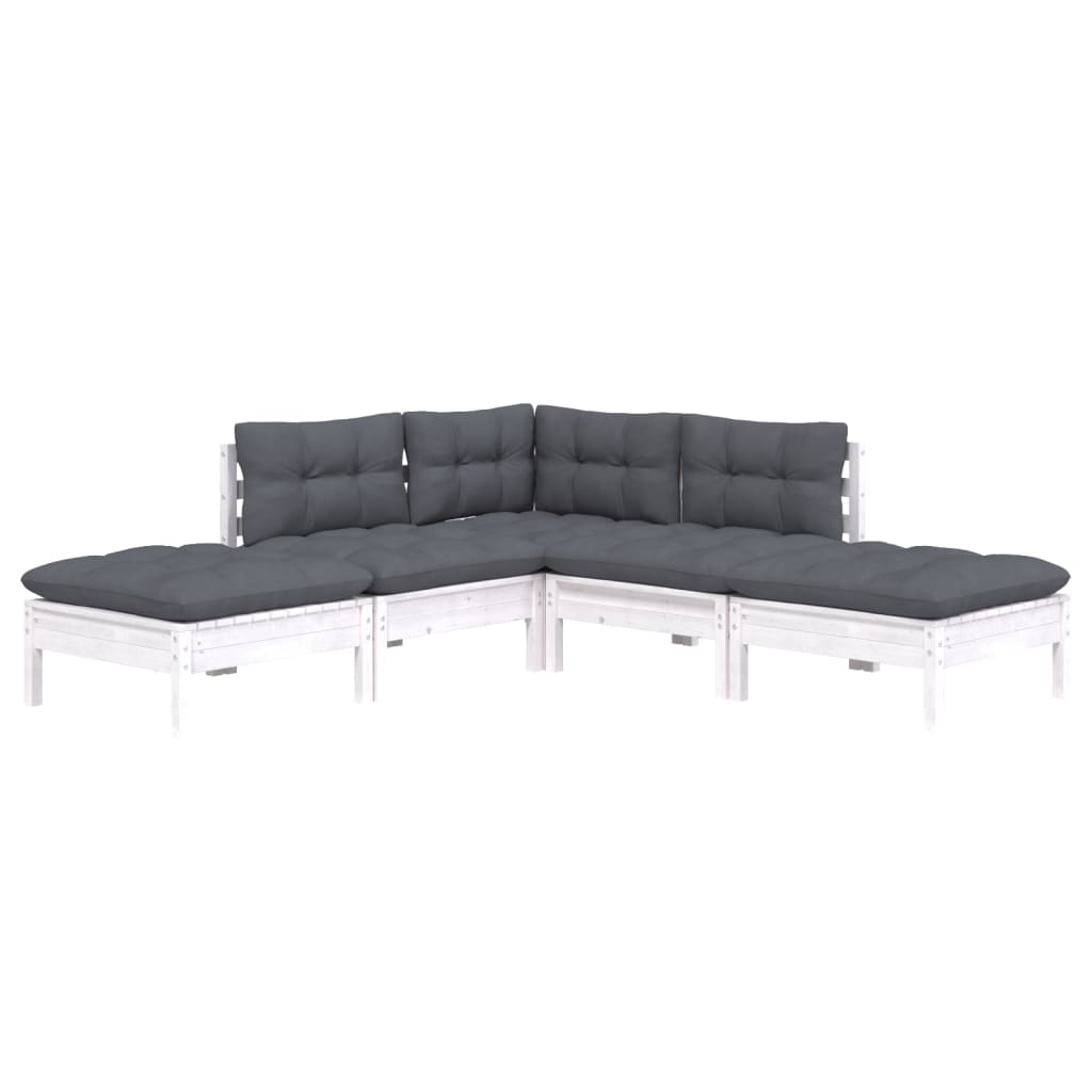 5-tlg. Garten-Lounge-Set mit Kissen Weiß Kiefernholz