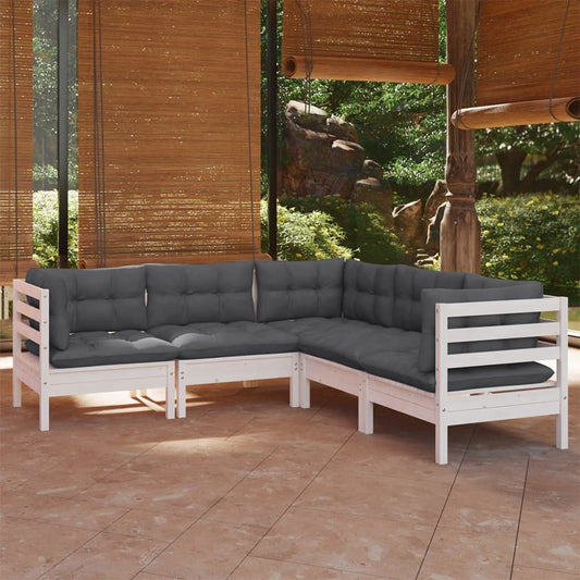 5-tlg. Garten-Lounge-Set mit Kissen Weiß Kiefer Massivholz - Pazzar.ch