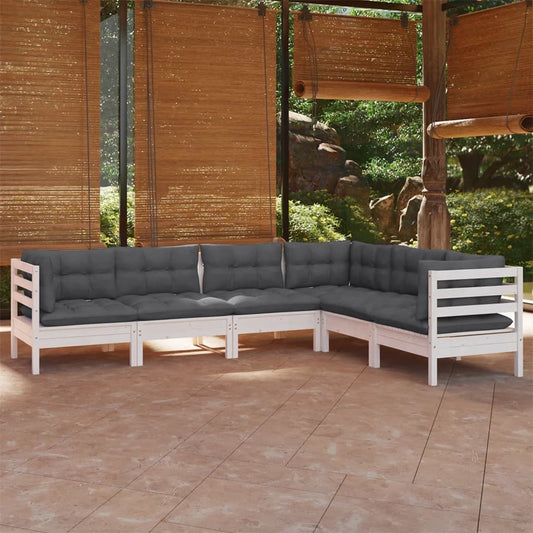 6-tlg. Garten-Lounge-Set mit Kissen Weiß Kiefer Massivholz - Pazzar.ch