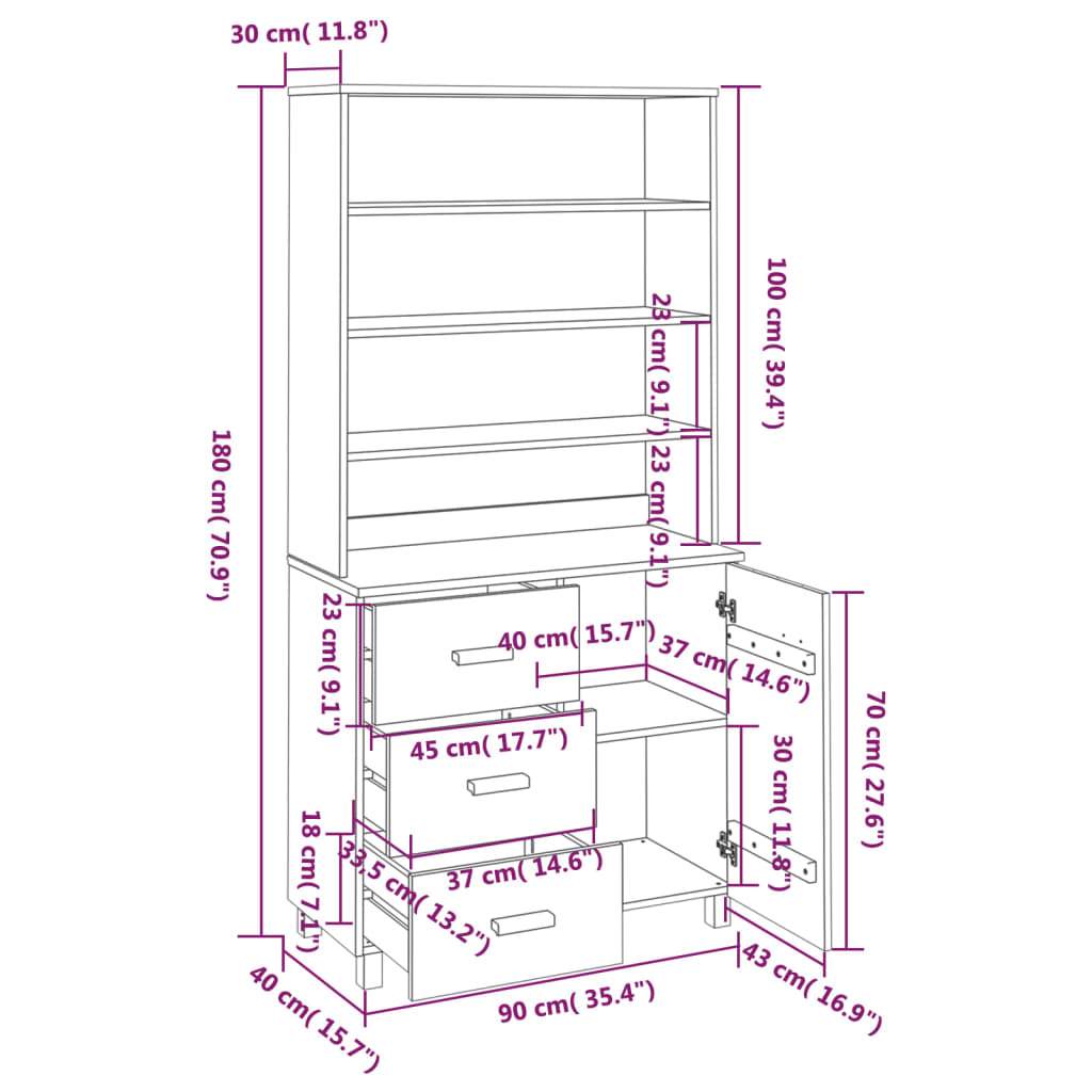 Highboard HAMAR Massivholz Kiefer Dunkelgrau - Pazzar.ch