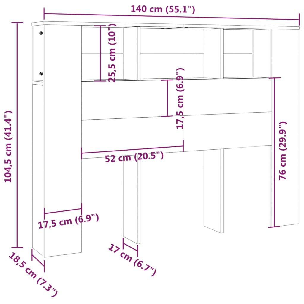 Kopfteil mit Ablagen Grau Sonoma 140x18,5x104,5 cm - Pazzar.ch