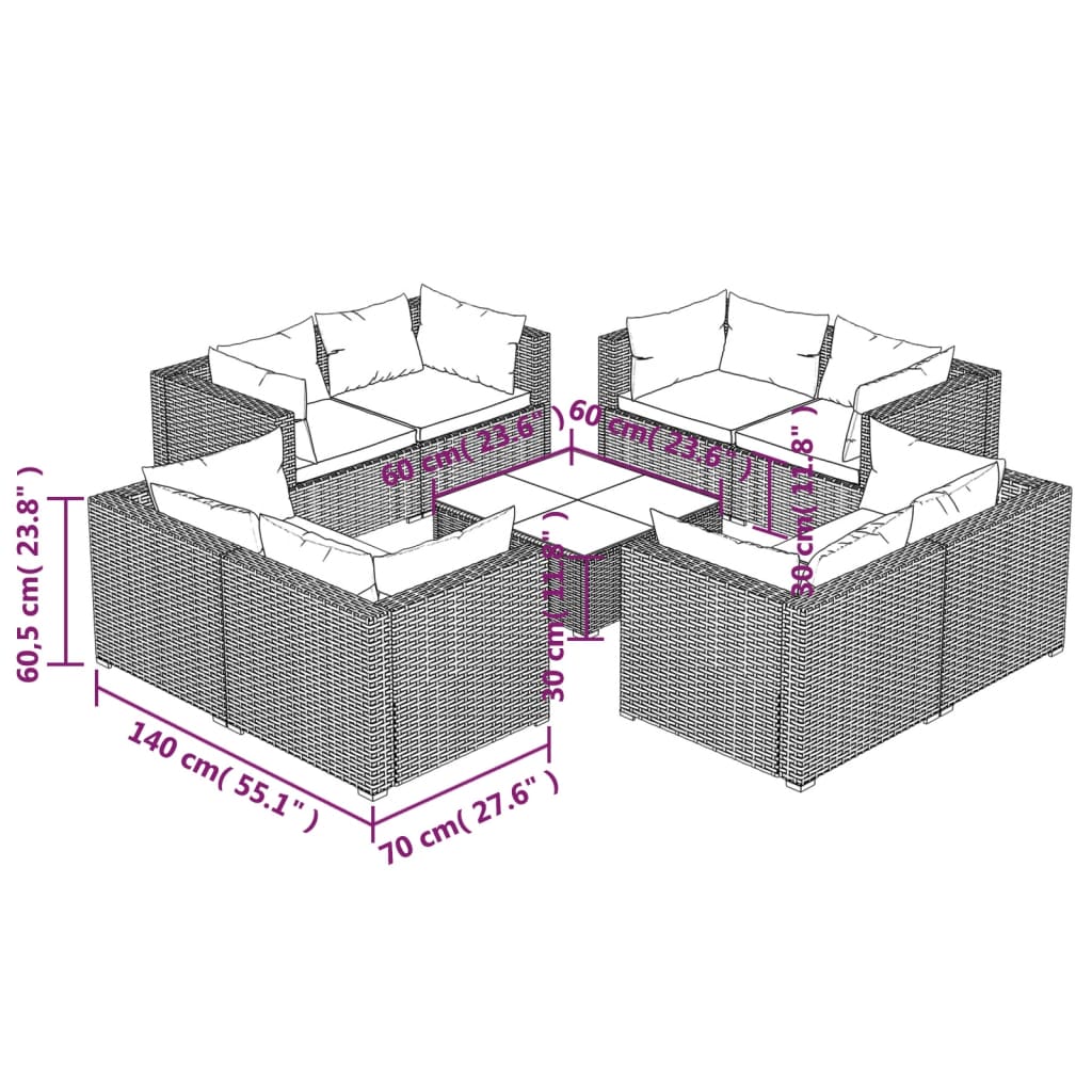 9-tlg. Garten-Lounge-Set mit Kissen Poly Rattan Schwarz - Pazzar.ch