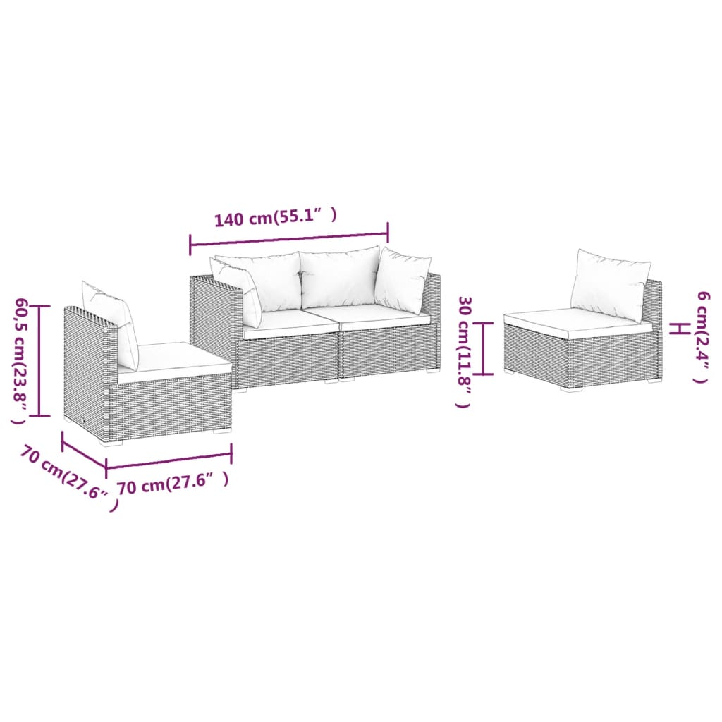 4-tlg. Garten-Lounge-Set mit Kissen Poly Rattan Braun