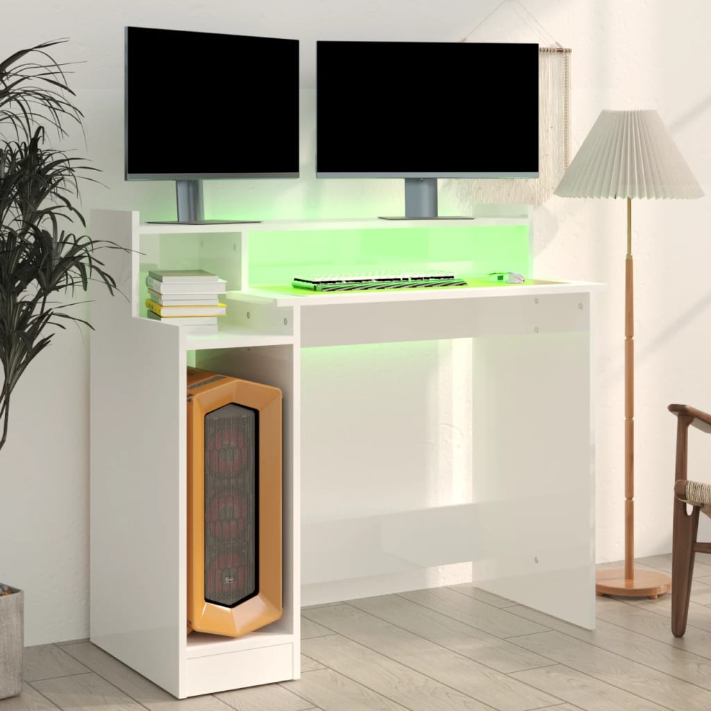 Schreibtisch mit LEDs Hochglanz-Weiß 97x45x90 cm Holzwerkstoff - Pazzar.ch
