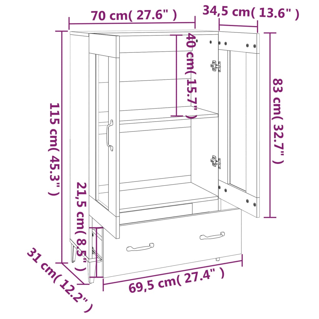 Highboard Betongrau 70x31x115 cm Holzwerkstoff - Pazzar.ch