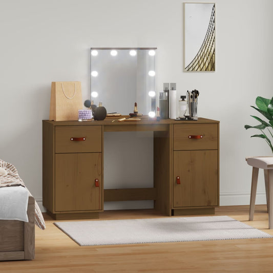 Schminktisch-Set mit LED Honigbraun Massivholz Kiefer - Pazzar.ch