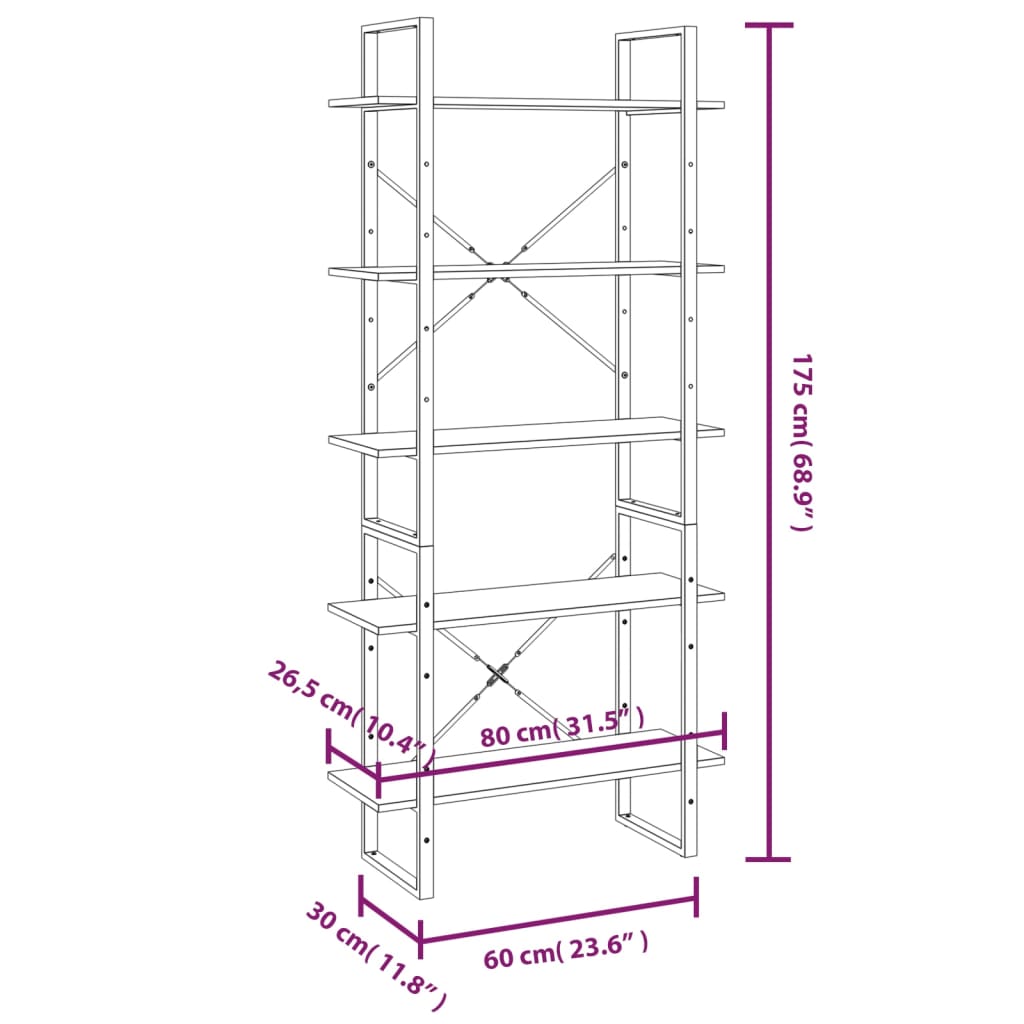 Bücherregal 5 Fächer Grau Sonoma-Eiche 80x30x175 Holzwerkstoff - Pazzar.ch