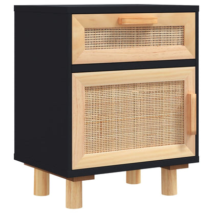 Nachttisch Schwarz Massivholz Kiefer und Natur-Rattan - Pazzar.ch