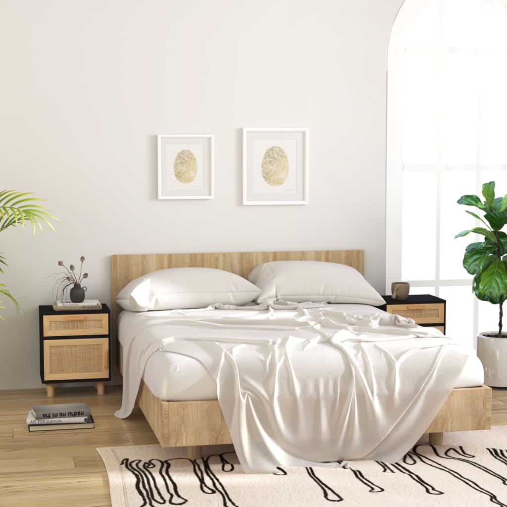 Nachttisch Schwarz Massivholz Kiefer und Natur-Rattan - Pazzar.ch