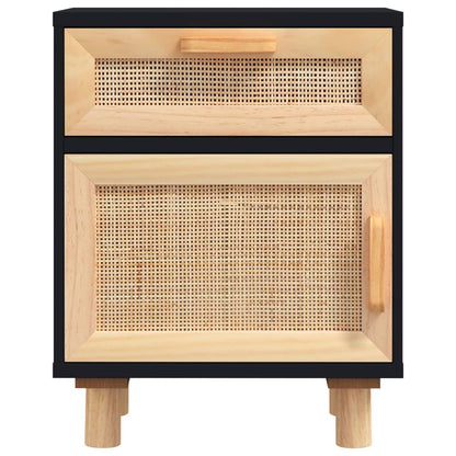 Nachttisch Schwarz Massivholz Kiefer und Natur-Rattan - Pazzar.ch