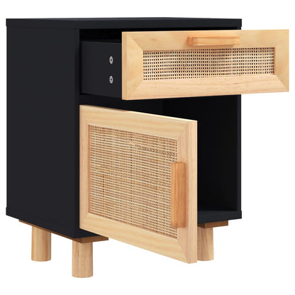 Nachttisch Schwarz Massivholz Kiefer und Natur-Rattan - Pazzar.ch