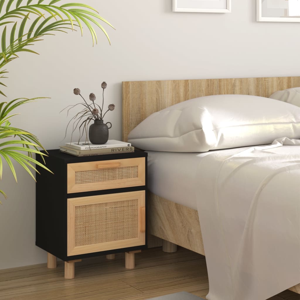 Nachttisch Schwarz Massivholz Kiefer und Natur-Rattan - Pazzar.ch