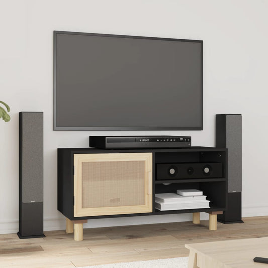 TV-Schrank Schwarz 80x30x40 cm Massivholz Kiefer Natur-Rattan - Pazzar.ch