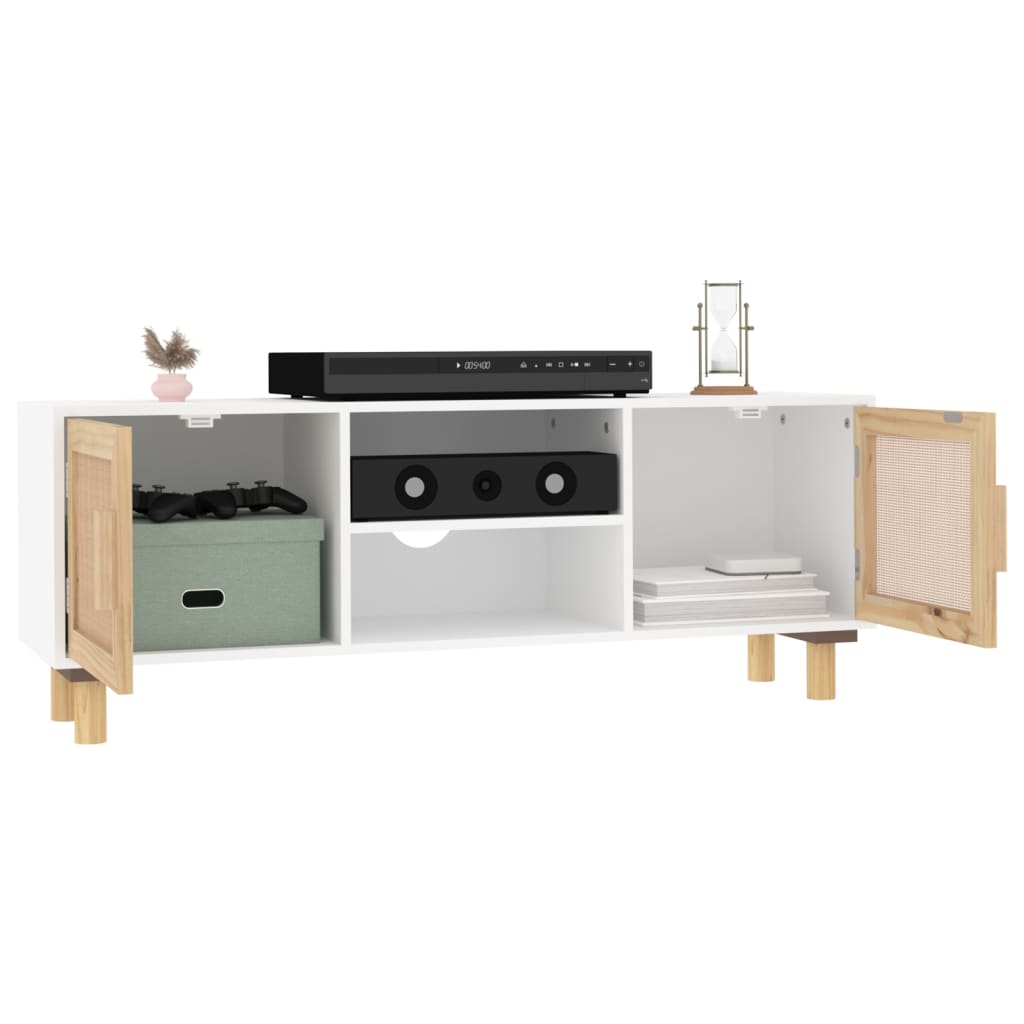 TV-Schrank Weiß 105x30x40 cm Massivholz Kiefer Natur-Rattan - Pazzar.ch