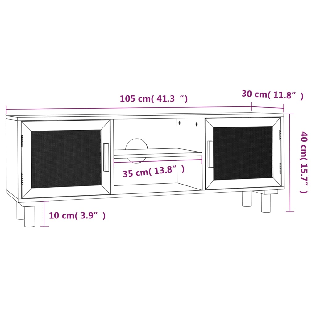 TV-Schrank Weiß 105x30x40 cm Massivholz Kiefer Natur-Rattan - Pazzar.ch