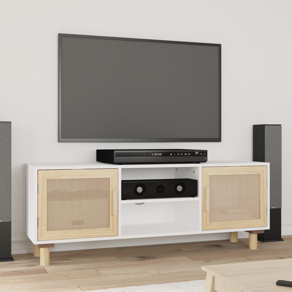 TV-Schrank Weiß 105x30x40 cm Massivholz Kiefer Natur-Rattan - Pazzar.ch