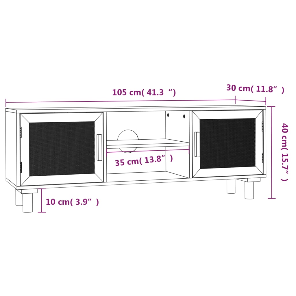 TV-Schrank Schwarz 105x30x40 cm Massivholz Kiefer Natur-Rattan - Pazzar.ch