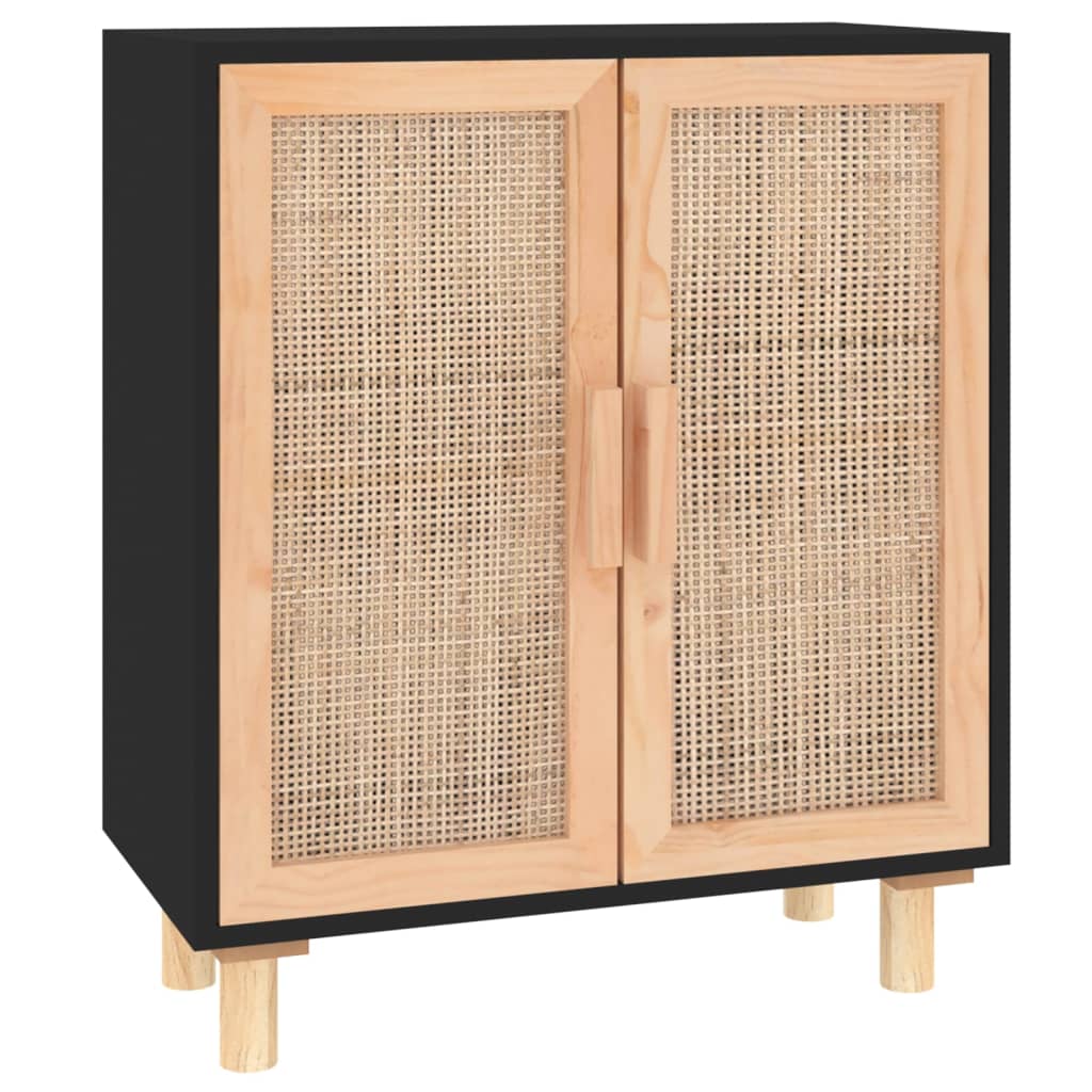 Sideboard Schwarz 60x30x70cm Massivholz Kiefer und Natur-Rattan - Pazzar.ch