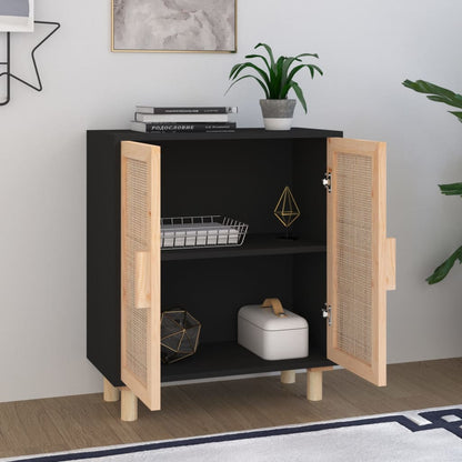 Sideboard Schwarz 60x30x70cm Massivholz Kiefer und Natur-Rattan - Pazzar.ch