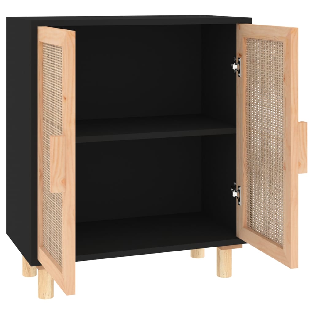 Sideboard Schwarz 60x30x70cm Massivholz Kiefer und Natur-Rattan - Pazzar.ch