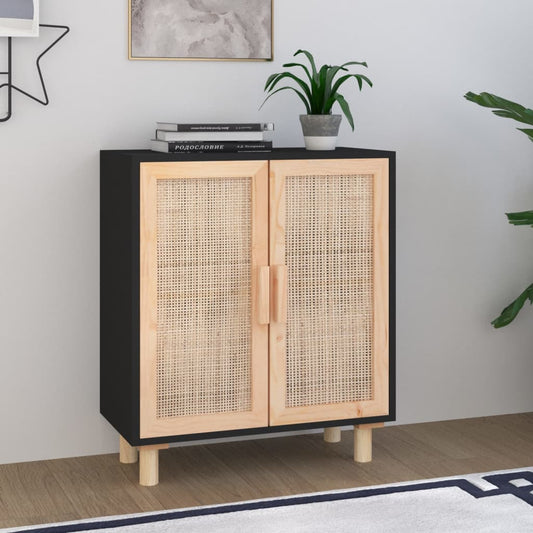 Sideboard Schwarz 60x30x70cm Massivholz Kiefer und Natur-Rattan - Pazzar.ch