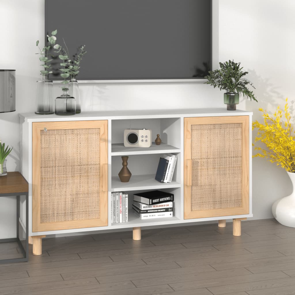 Sideboard Weiß 105x30x60 cm Massivholz Kiefer und Natur-Rattan - Pazzar.ch