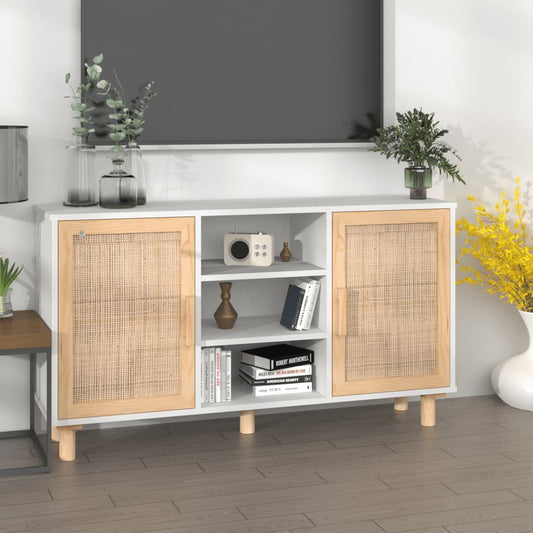 Sideboard Weiß 105x30x60 cm Massivholz Kiefer und Natur-Rattan - Pazzar.ch