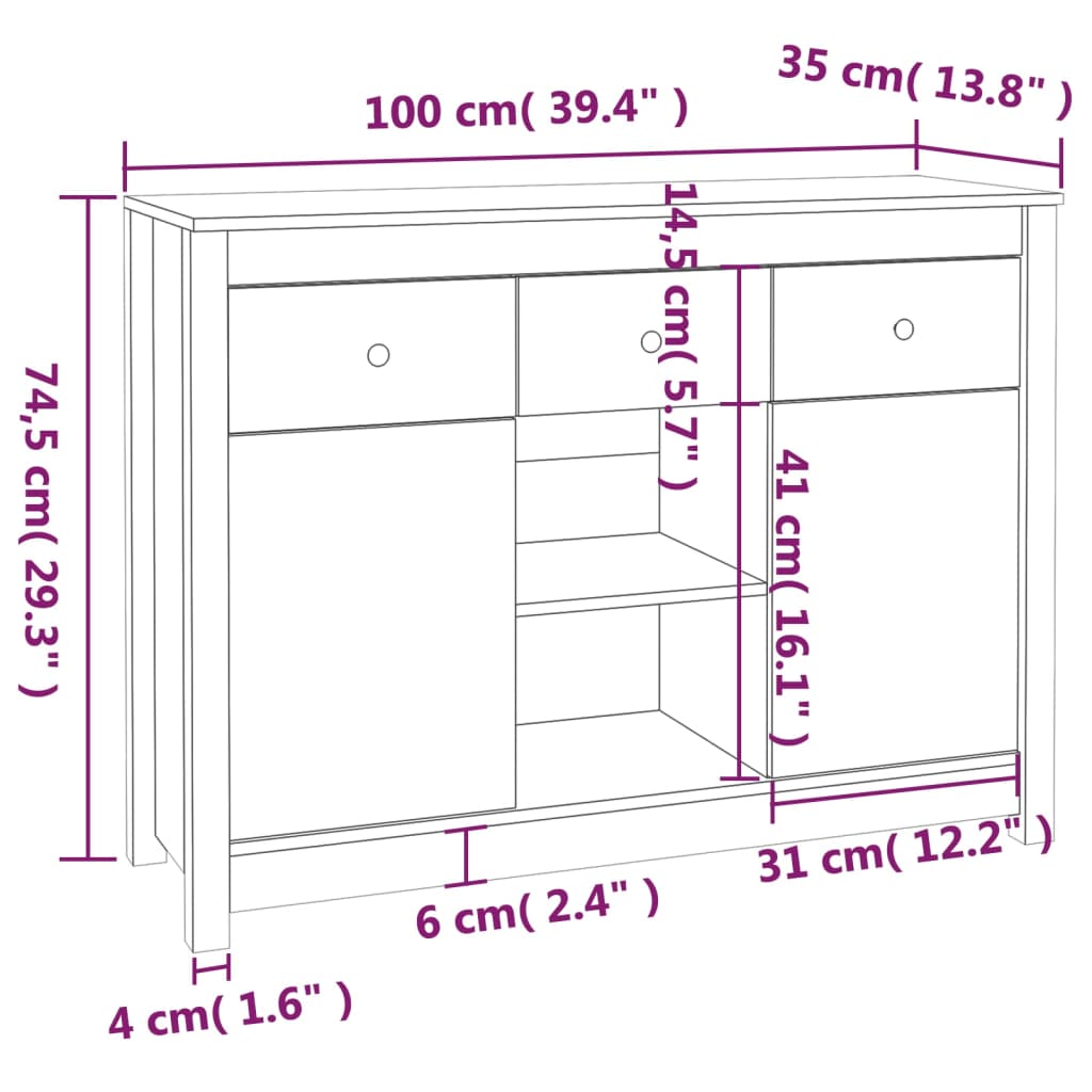 Sideboard Schwarz 100x35x74,5 cm Massivholz Kiefer - Pazzar.ch
