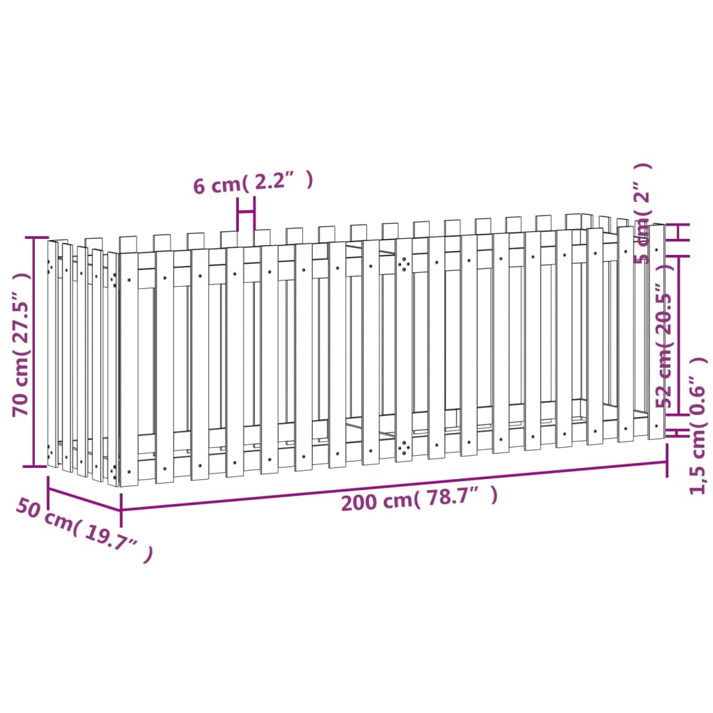 Hochbeet Lattenzaun-Design 200x50x70 cm Massivholz Kiefer - Pazzar.ch