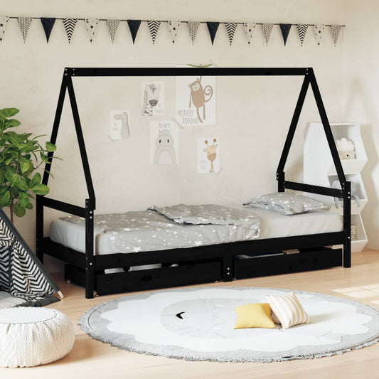 Kinderbett mit Schubladen Schwarz 90x200 cm Massivholz Kiefer - Pazzar.ch