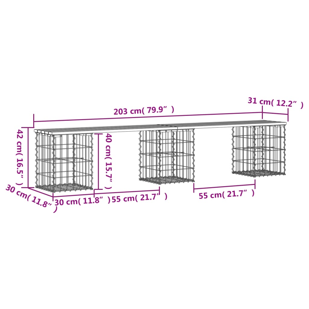 Gartenbank aus Gabionen 203x31x42 cm Massivholz Kiefer - Pazzar.ch
