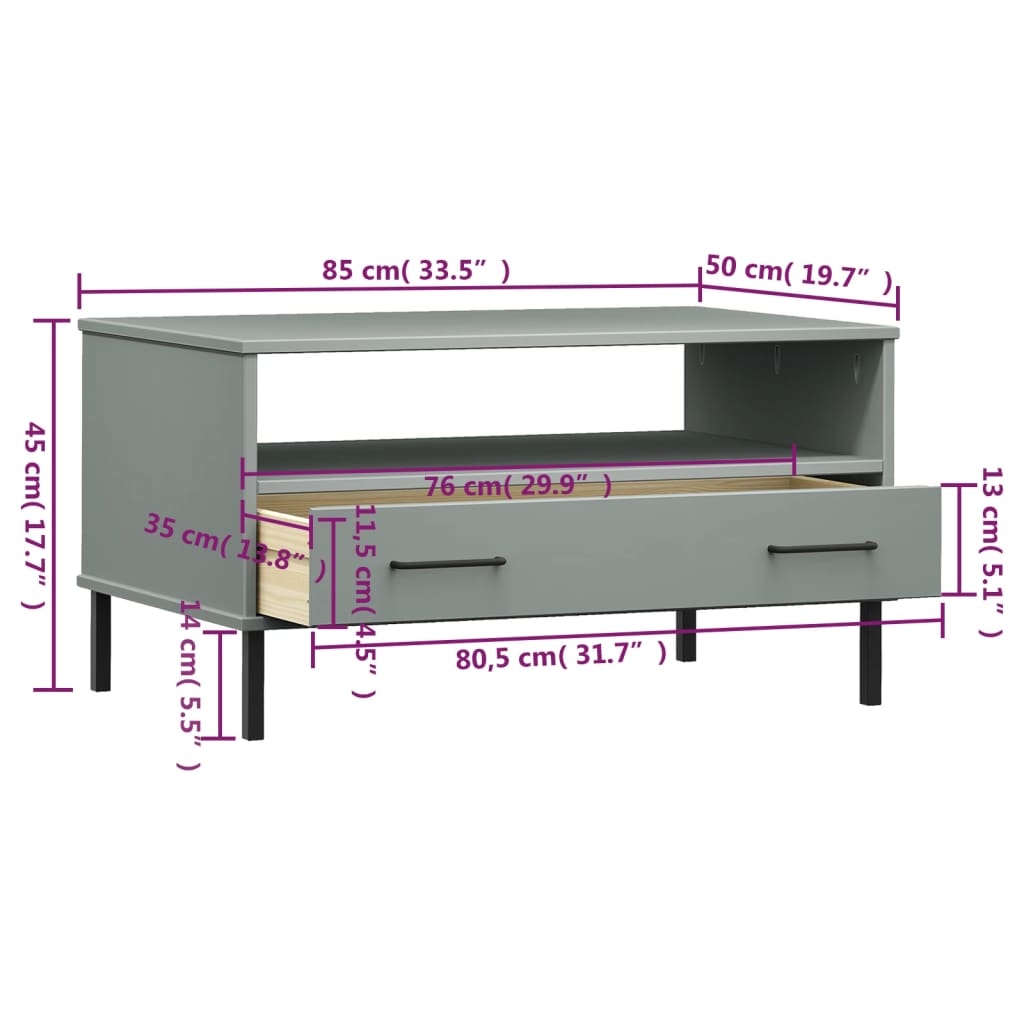 Couchtisch OSLO mit Metallbeinen Grau 85x50x45 cm Massivholz - Pazzar.ch