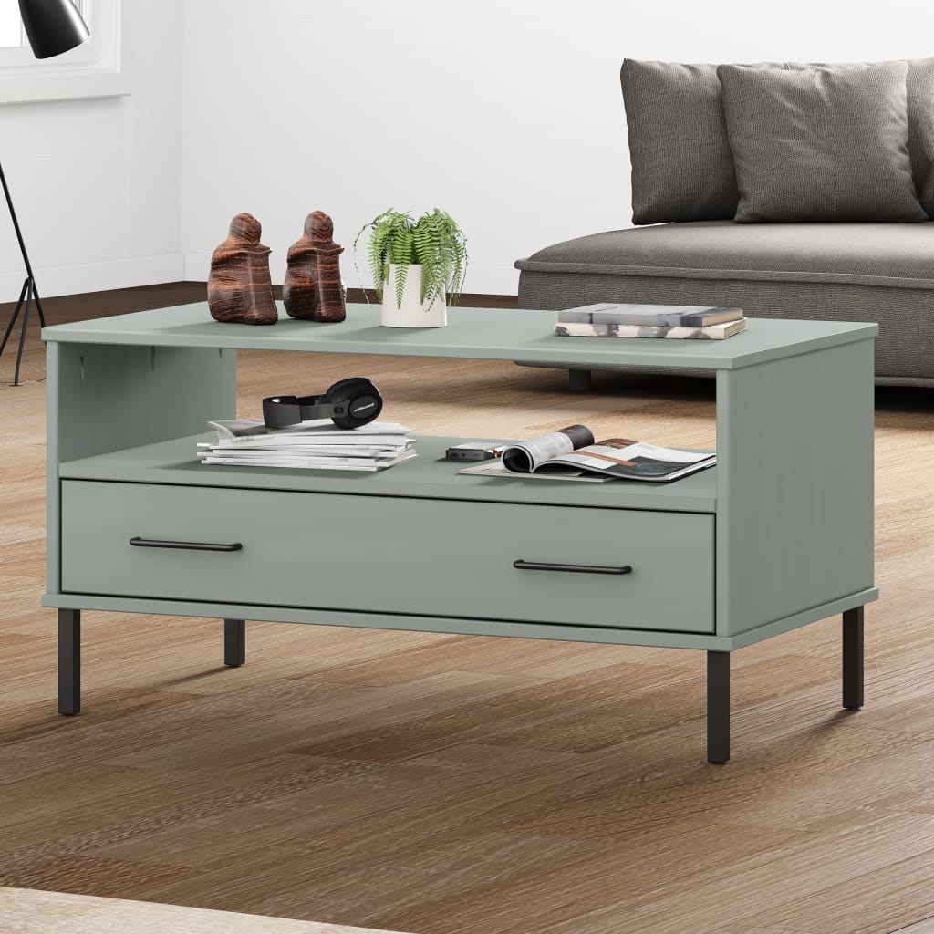 Couchtisch OSLO mit Metallbeinen Grau 85x50x45 cm Massivholz - Pazzar.ch