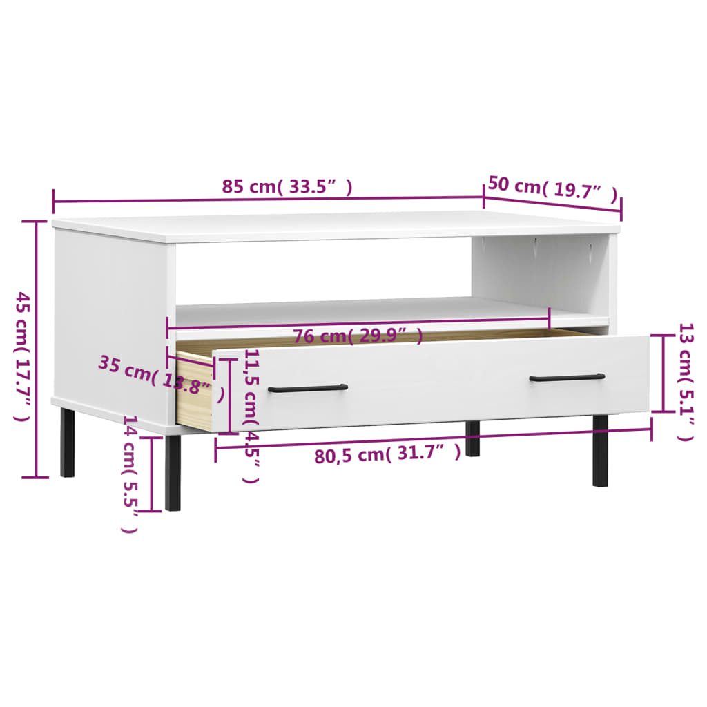 Couchtisch OSLO mit Metallbeinen Weiß 85x50x45 cm Massivholz - Pazzar.ch