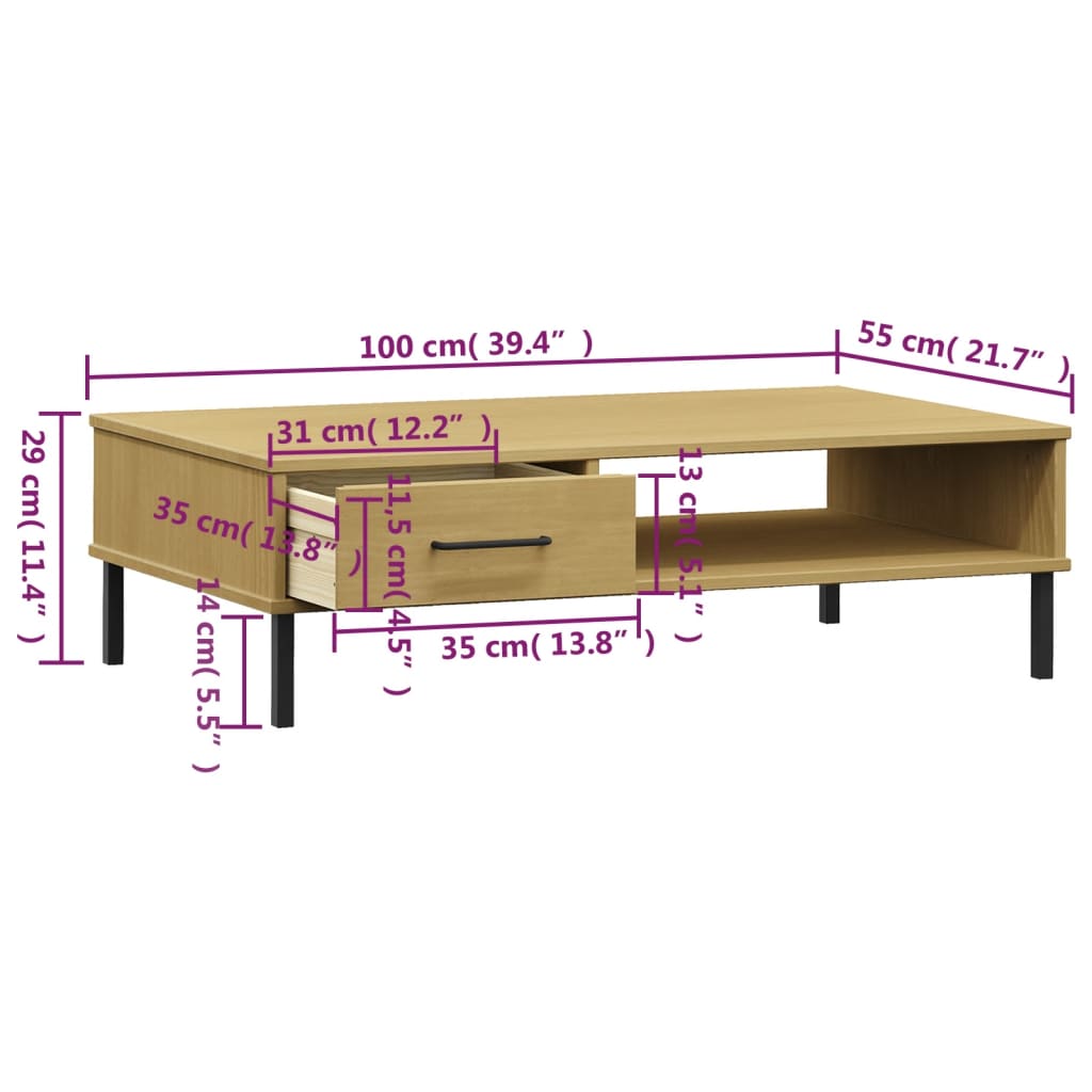 Couchtisch OSLO mit Metallbeinen Braun Massivholz Kiefer - Pazzar.ch
