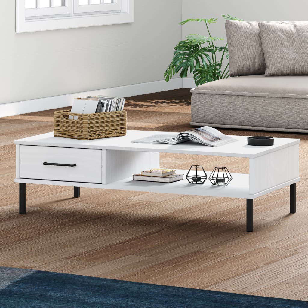 Couchtisch OSLO mit Metallbeinen Weiß Massivholz Kiefer - Pazzar.ch