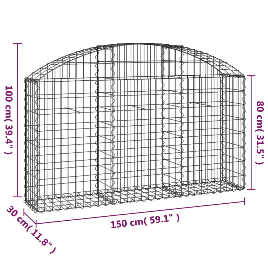 Gabione mit Hochbogen 150x30x80/100 cm Verzinktes Eisen - Pazzar.ch