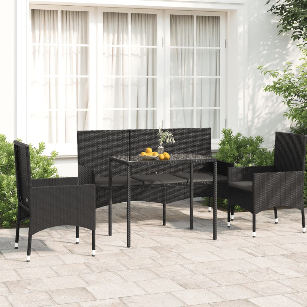 4-tlg. Garten-Lounge-Set mit Kissen Schwarz Poly Rattan - Pazzar.ch