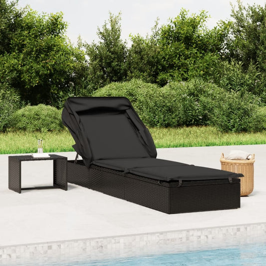 Sonnenliege mit Faltdach Schwarz 213x63x97 cm Poly Rattan - Pazzar.ch