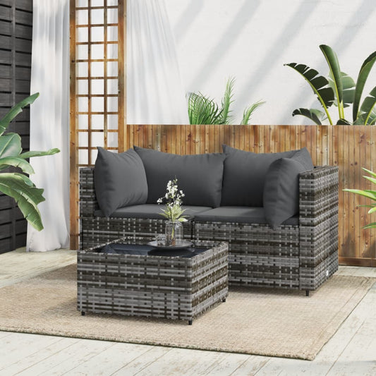 3-tlg. Garten-Lounge-Set mit Kissen Grau Poly Rattan - Pazzar.ch