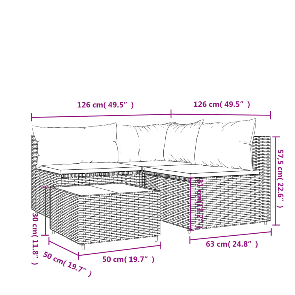 4-tlg. Garten-Lounge-Set mit Kissen Grau Poly Rattan - Pazzar.ch