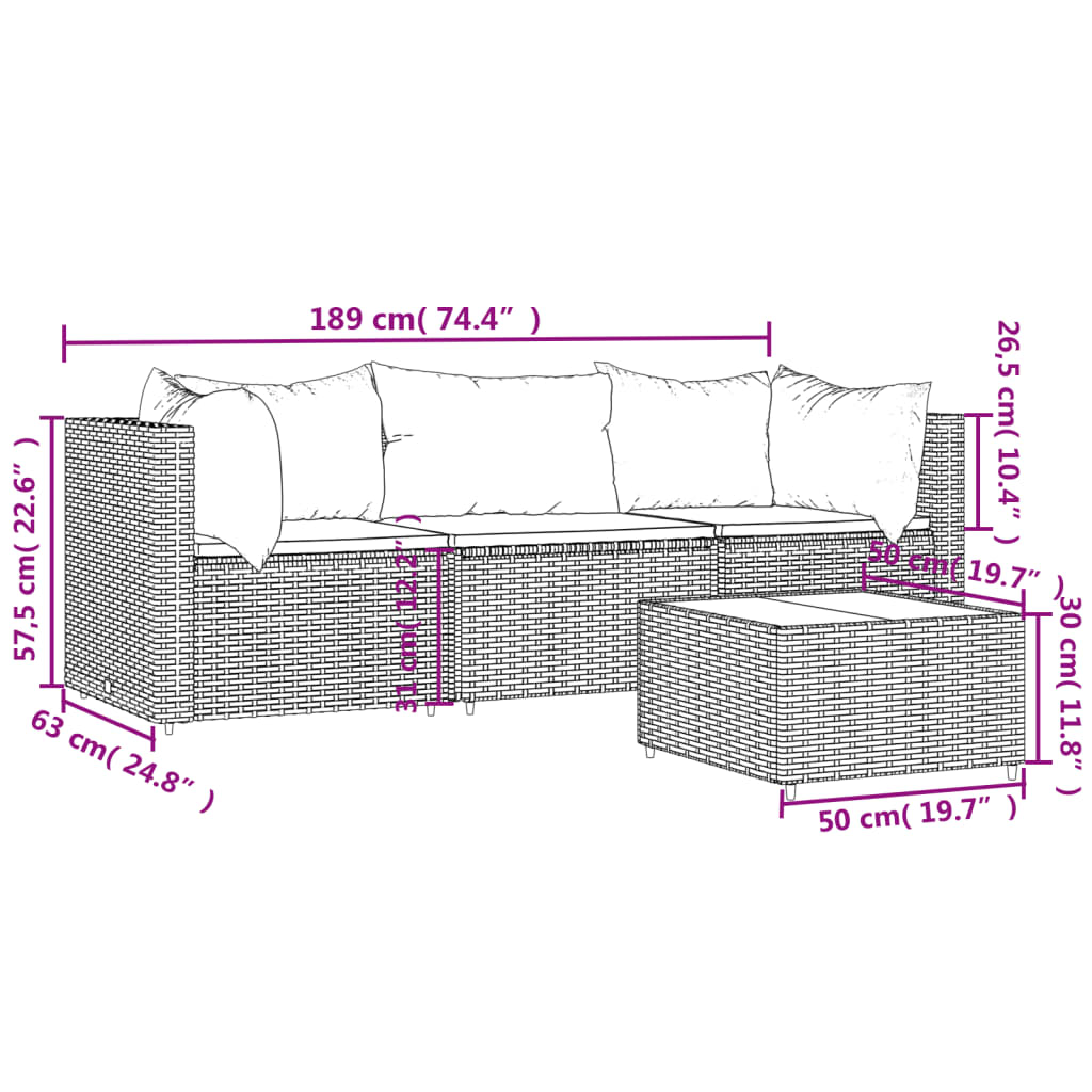 4-tlg. Garten-Lounge-Set mit Kissen Grau Poly Rattan - Pazzar.ch
