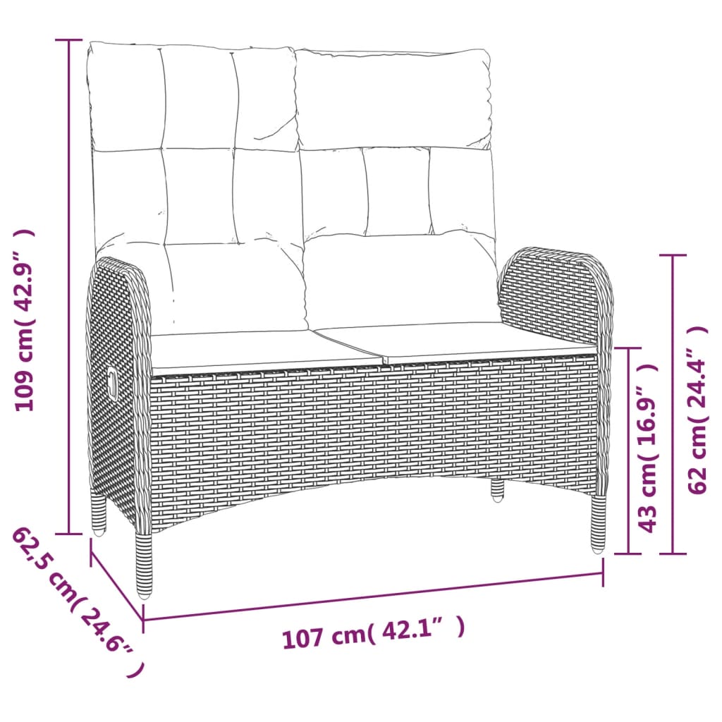Gartenbank mit Liegefunktion & Kissen 107cm Poly Rattan Schwarz - Pazzar.ch