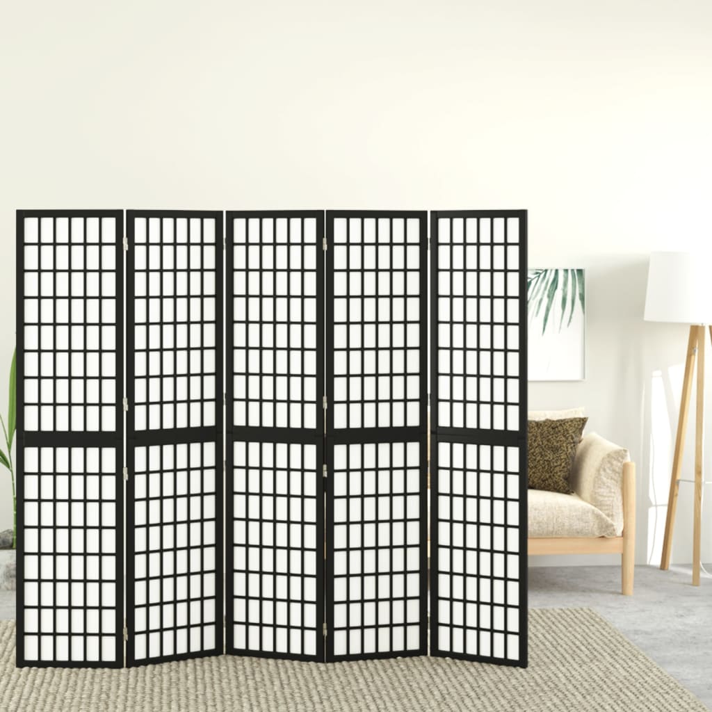 5-tlg. Paravent Japanischer Stil Faltbar 200x170 cm Schwarz - Pazzar.ch