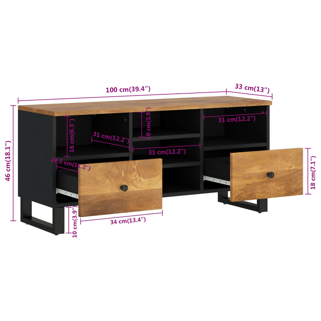 TV-Schrank 100x33x46 cm Massivholz Mango und Holzwerkstoff - Pazzar.ch