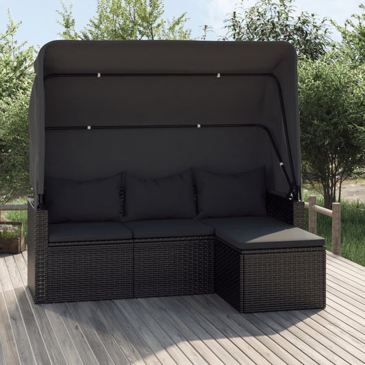 3-Sitzer-Gartensofa mit Dach und Fußhocker Schwarz Poly Rattan - Pazzar.ch